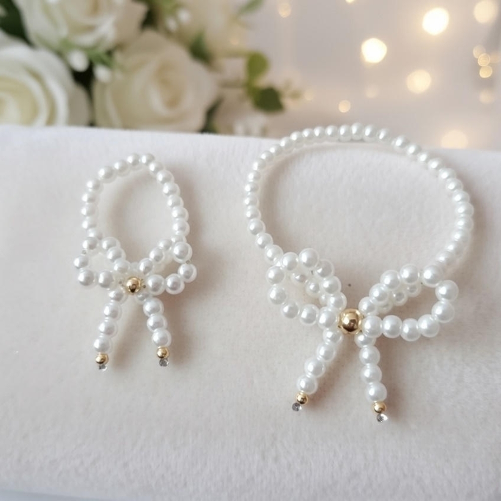 Pearl Beaded Bow Bracelet Set - White Pearls with Gold Accents